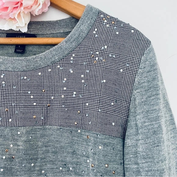 J. Crew Gray Glen Plaid Yoke Jeweled Sweater Wool Large - Picture 4 of 11